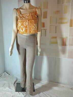 Pink Rose Beige Cropped Knit Flare Jeans with Orange Patterned Top